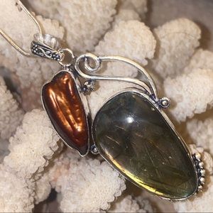Sale * Blue Fiery Labradorite + Red Biwa Pearl handmade statement pendant